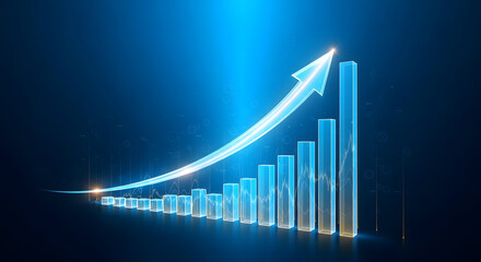 A glowing blue bar chart with an ascending arrow symbolizing growth and progress against a dark blue background, representing financial success.