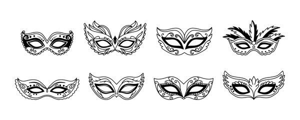 Mardi Gras eye mask set, can be used as isolated sign, symbol or icon. Black masquerade masks, for party, parade and carnival, for Mardi Gras, Halloween, Christmas. Set of carnival masks silhouettes.