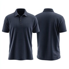 Dark-navy short-sleeved polo shirt shown from front and back views on a white background