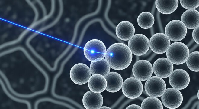 Hopeful biomedical engineering advances using precision laser for cellular therapy. This microscopic view illustrates futuristic scientific research for medical innovation and biology