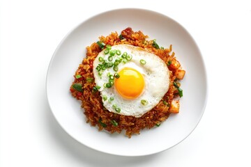 Savory fried rice, richly colored, topped with a sunny-side-up egg and sliced green onions, served on a simple white plate