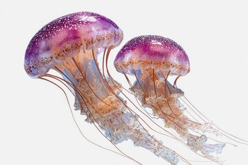 Two purple-pink jellyfish with orange-red tentacles drift against a stark white background.  Their translucent bells are speckled with lighter spots