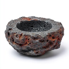 Irregularly shaped, dark grey and rusty orange ceramic bowl, resembling volcanic rock, with a porous texture