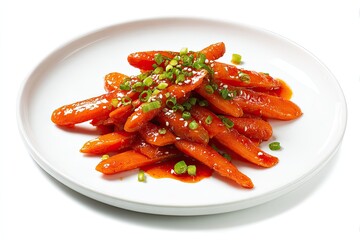 Glazed carrots, vibrant orange, glistening sauce,  garnish of green onions, served on a white plate