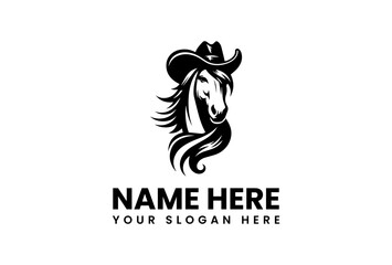 Stylish Black and White Horse Logo with Cowboy Hat.