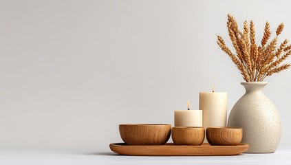Minimalist still life featuring burning candles, wooden bowls, a vase of dried wheat, and a light grey background
