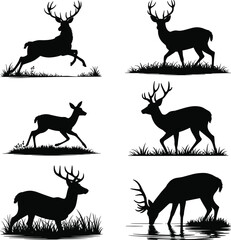 Deer silhouette vector illustration, wildlife animal poses, forest nature scene, black flat design, cad drawing flat vector illustration
