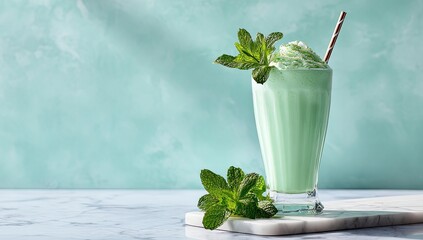 Refreshing mint milkshake in tall glass with whipped cream and mint garnish, on marble surface against a teal backdrop