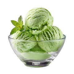 Three scoops of pale green ice cream, nestled in a clear glass bowl, garnished with a sprig of fresh mint, on a white background