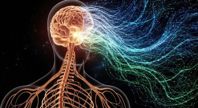 Biomedical engineering advances illustrate brain function and neural network activity. powerful human nervous system shows intellectual power and complex data flow and stimulation