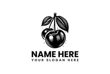Stylized Black and White Cherry Duo with Leafy Stems Logo Design.