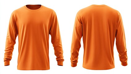 Vibrant orange long-sleeve crew neck shirt, shown front and back, isolated on white