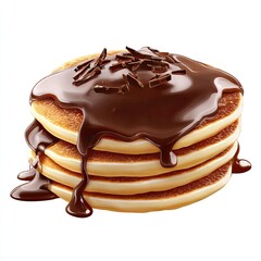 A stack of four golden-brown pancakes drenched in rich, dark chocolate sauce and topped with chocolate shavings