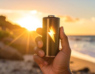 Fototapeta premium A hand holds a battery with a lightning bolt against sunset light