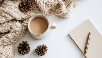 Cozy autumn scene a warm beverage in a mug, nestled amongst a knitted throw, pine cones, and a notepad with pen, on a white background