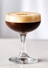 Espresso martini in a coupe glass, topped with a layer of frothed milk and a dusting of cocoa powder
