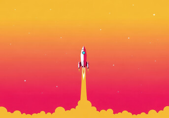 Pixel art rocket launching into a vibrant orange and pink sky