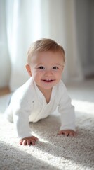 Fototapeta premium Smiling Baby Crawling on Soft Carpet