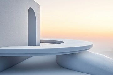 Minimalist white building with arched doorway, soft sunset