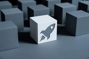 White Cube with Rocket Icon Standing Out Among Dark Grey Cubes launch startup