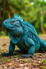 Fototapeta premium A striking blue iguana with a spiky crest stands alert on the forest floor, its scales shimmering in the dappled sunlight.