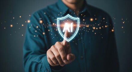 Man touching a glowing ai shield hologram, representing artificial intelligence and cybersecurity