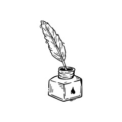 Inkwell and quill pen doodle hand drawn icon sketch vector illustration