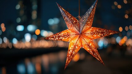 Glowing Star Lantern with Festive City Night Bokeh
