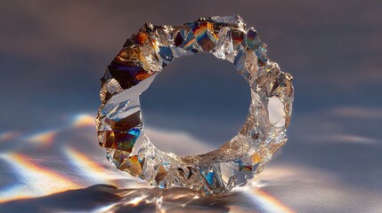 A jagged, crystalline circular structure refracts light, casting colorful shadows on a gradient surface