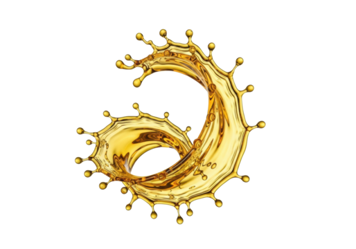 Vibrant golden yellow liquid splash, frozen swirling wave, scattering droplets against transparent background, studio shot, concept of fluid dynamics and healthy liquids