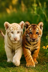 Obraz premium Two tiger cubs, one white and one orange, stand side-by-side in a grassy outdoor setting, looking directly at the viewer.
