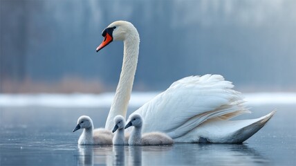 Fototapeta premium A mother swan is leading her three baby swans across a body of water