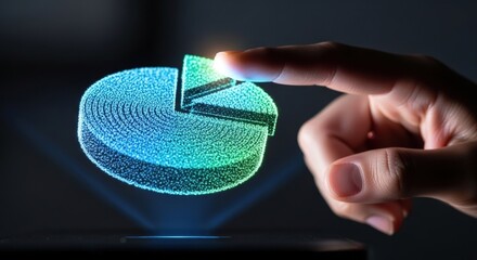 Finger touching a glowing hologram of a pie chart, representing business technology and analytics