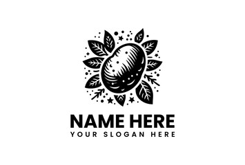Stylized Potato Surrounded by Leaves and Stars in Black and White.