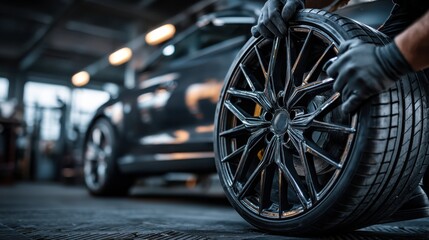 A close-up of a mechanic wearing gloves holding a car tire with a black vehicle in the background inside a garage or workshop.