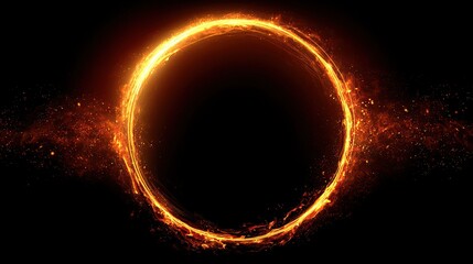 A luminous fiery ring hovers in the black void, with sparkling light extending outwards, creating an illusion