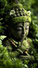 partially covered in moss in a historic temple courtyard