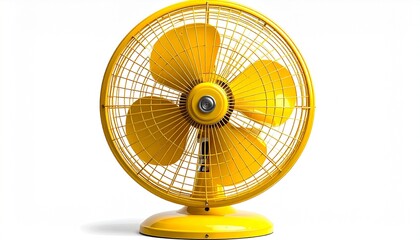 Describe a yellow electric fan with four blades and circular grille viewed from the front. Highlight its vibrant color, symmetrical design, and airflow function for home or design-related use.