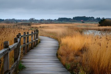 Fototapeta premium Fen with tall reeds a wooden path winding through marsh plants and far trees wide view