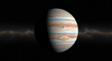Detailed view of Jupiter, the gas giant, with its iconic Great Red Spot against a starry cosmos.