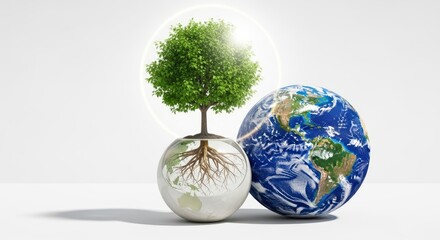Green tree with roots in a glass orb next to planet Earth, symbolizing environmental protection.