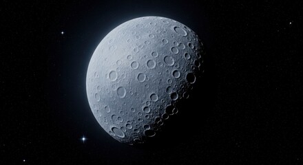 Detailed view of a heavily cratered moon in deep space, illuminated against a starry background.