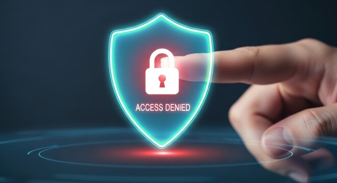 Access denied concept with hand touching a digital shield with a padlock inside it