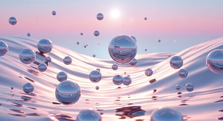 Shimmering chrome spheres float above a liquid surface against a pastel gradient sky.
