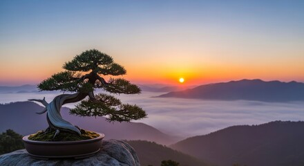 Majestic bonsai tree silhouetted against a vibrant sunrise over a foggy mountain landscape.
