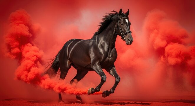 Powerful black horse galloping through dramatic red smoke, showcasing strength and motion.