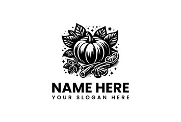 Stylized Pumpkin with Leaves Cinnamon Sticks and Star Anise in Black and White.