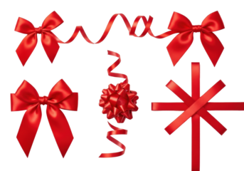 Vibrant red satin ribbons and bows, elegantly arranged with crisp loops and spiraling strands against a transparent background with copy space, no shadows, festive decoration concept