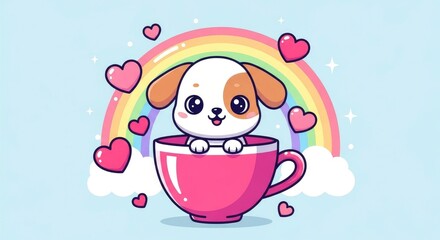 Sweet cartoon puppy in a pink teacup with a rainbow and hearts, charming illustration.