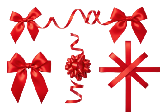 Vibrant red satin ribbons and bows, elegantly arranged with crisp loops and spiraling strands against a transparent background with copy space, no shadows, festive decoration concept